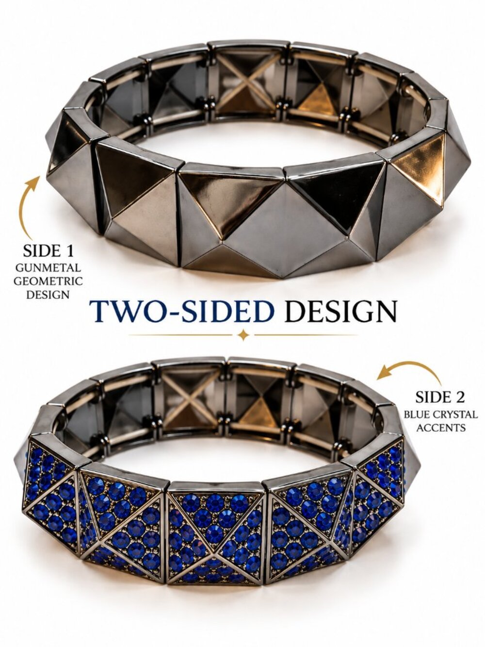 Two-Sided Blue Crystal Gunmetal Geometric Stretch Bracelet